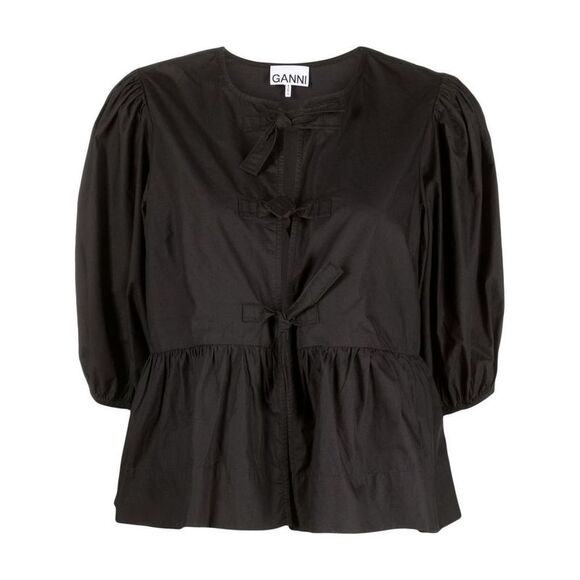 GANNI Bow Detail Puff Sleeve Peplum Blouse Women BLACK T-Shirts & Tops